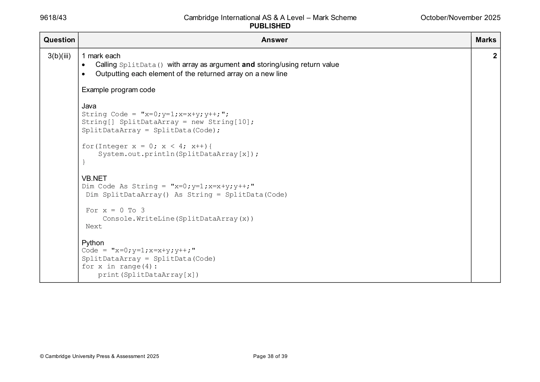 Mark scheme, page 38 of 39