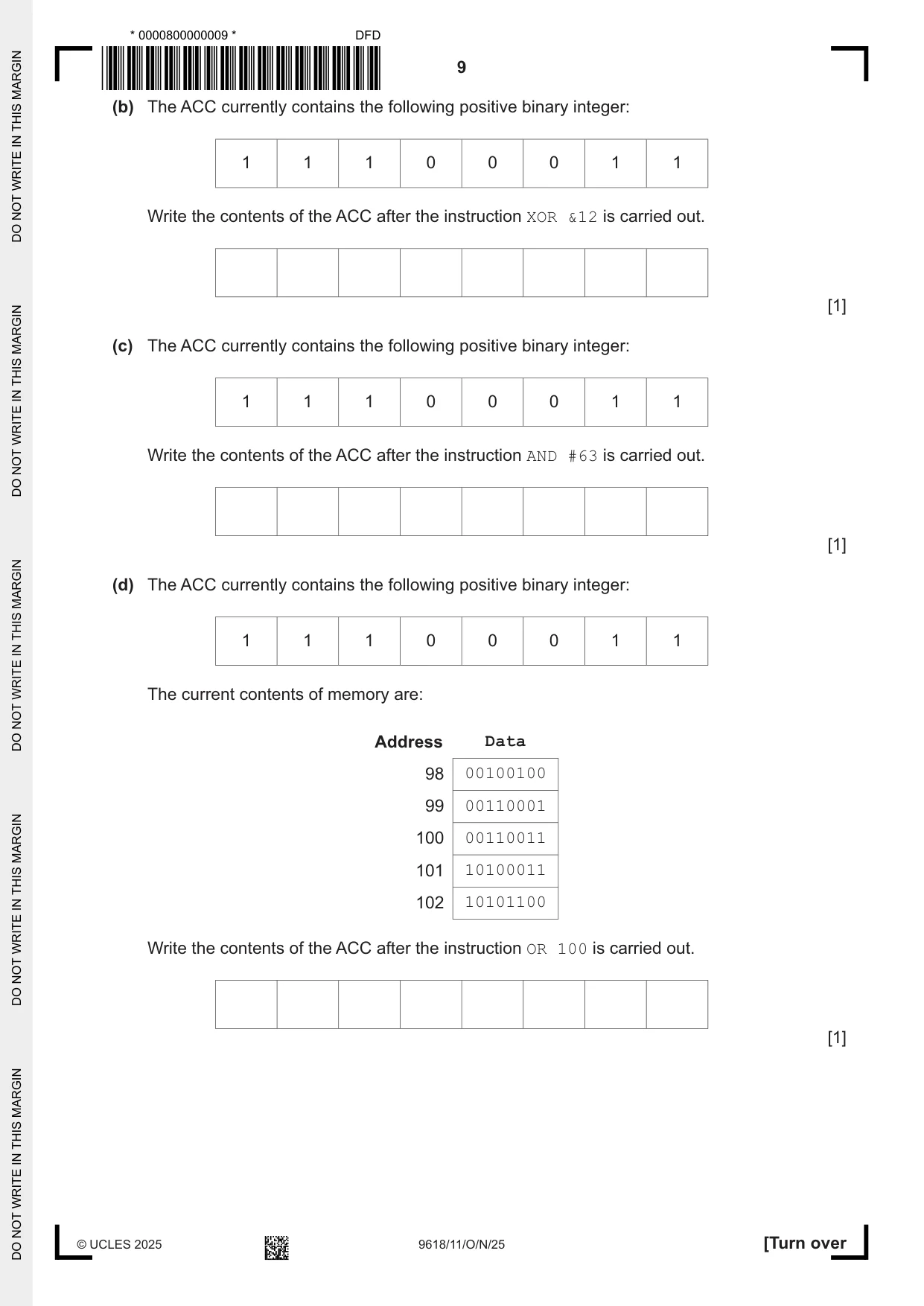 Cambridge A Level Computer Science 9618 2025 Oct/Nov Paper 1 · Variant 1 question paper, page 9 of 16