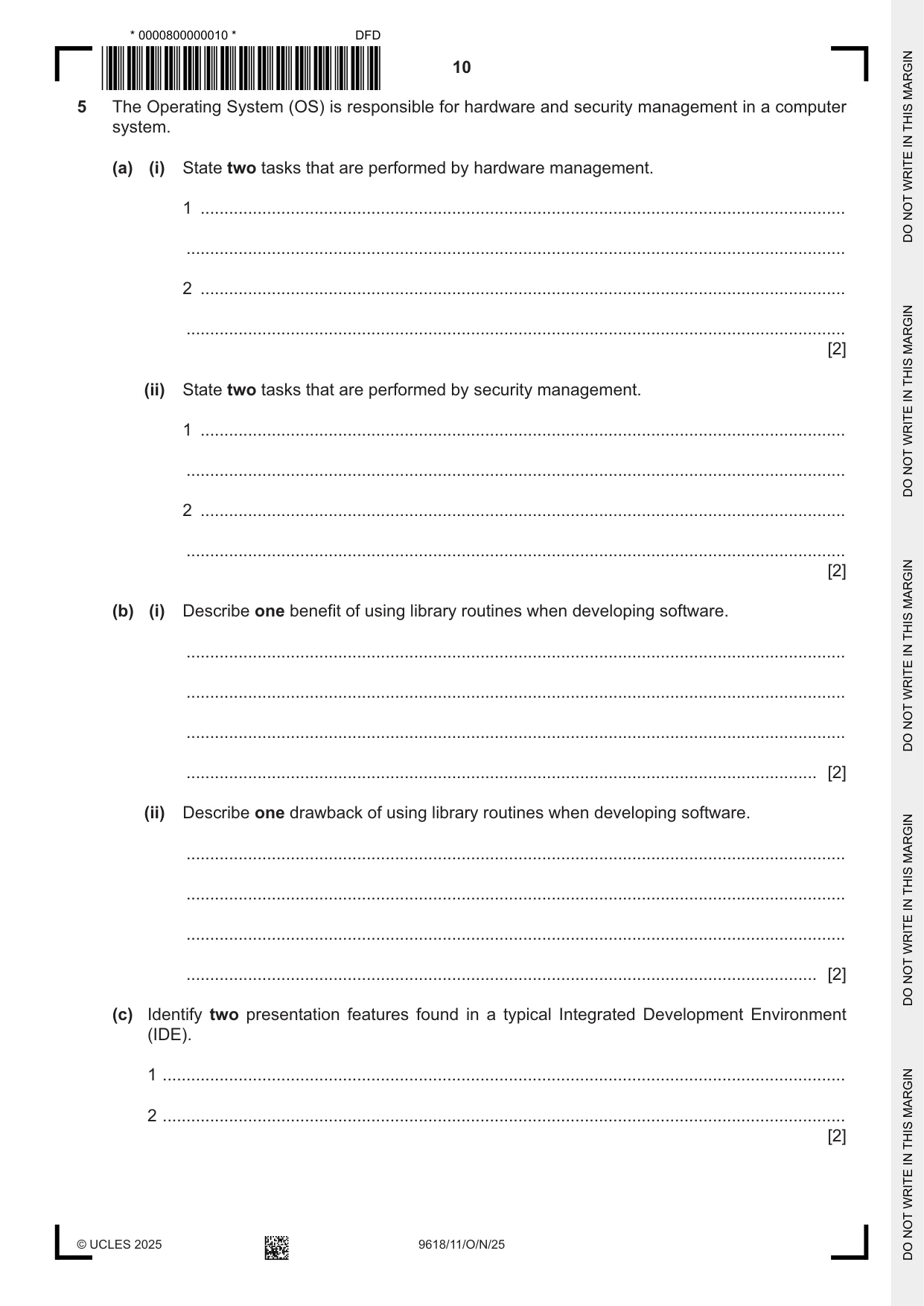 Cambridge A Level Computer Science 9618 2025 Oct/Nov Paper 1 · Variant 1 question paper, page 10 of 16