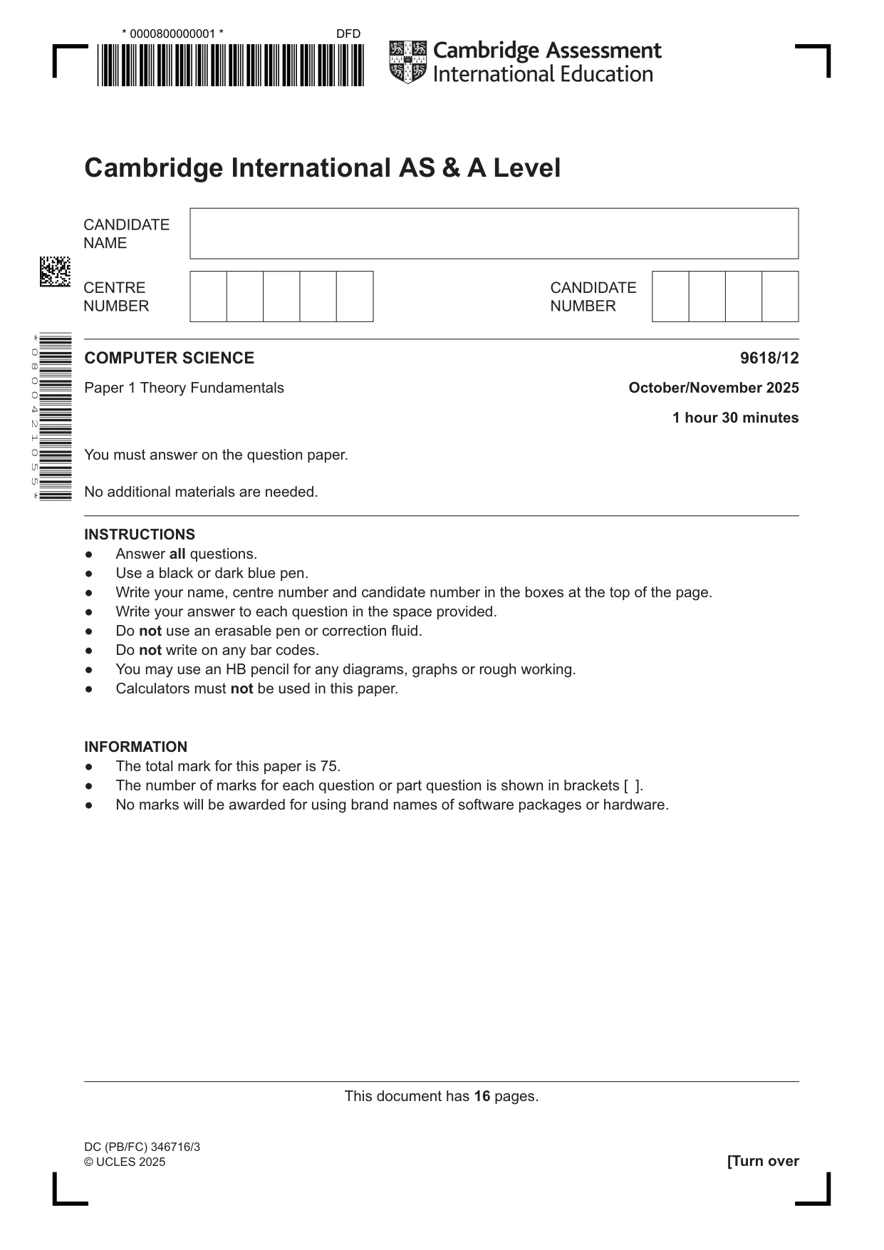 Cambridge A Level Computer Science 9618 2025 Oct/Nov Paper 1 · Variant 2 question paper, page 1 of 16