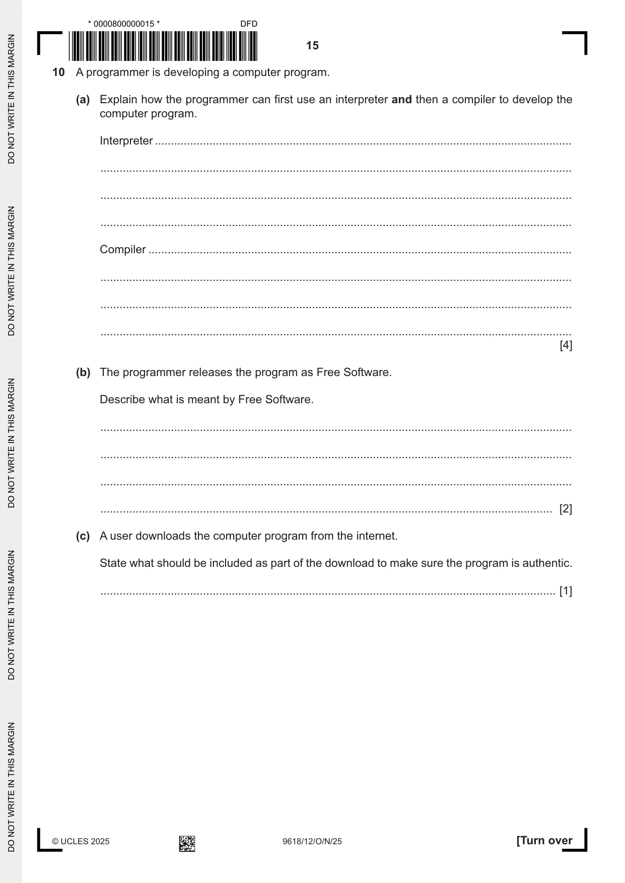 Cambridge A Level Computer Science 9618 2025 Oct/Nov Paper 1 · Variant 2 question paper, page 15 of 16