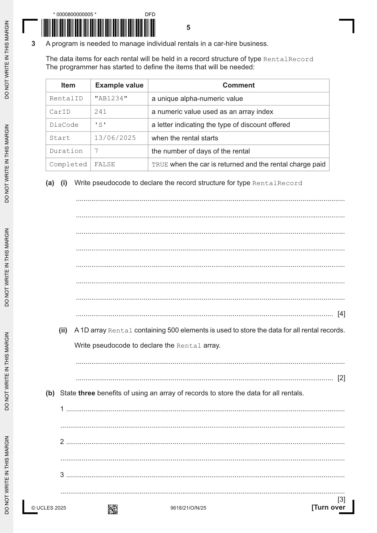 Cambridge A Level Computer Science 9618 2025 Oct/Nov Paper 2 · Variant 1 question paper, page 5 of 20