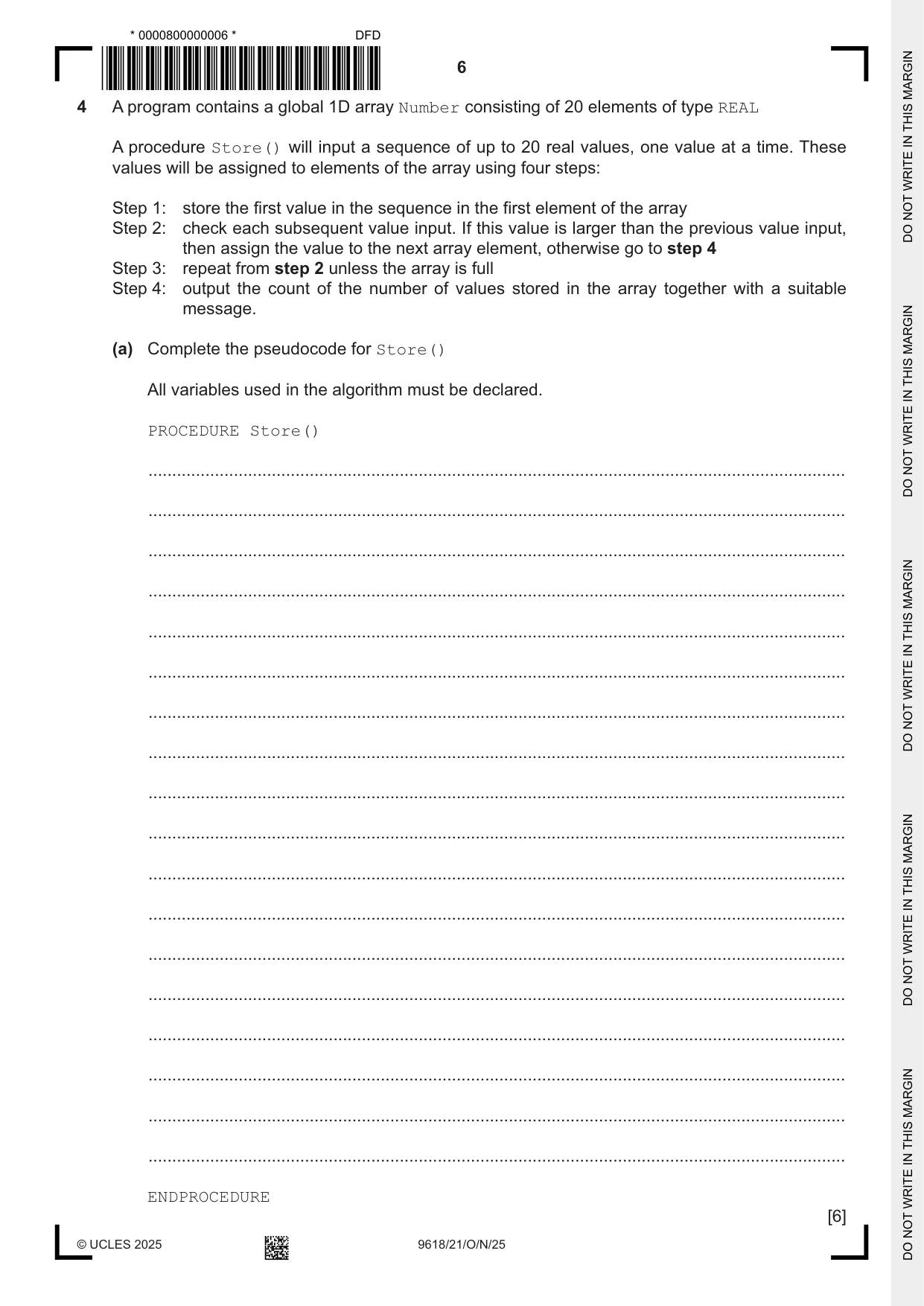 Cambridge A Level Computer Science 9618 2025 Oct/Nov Paper 2 · Variant 1 question paper, page 6 of 20