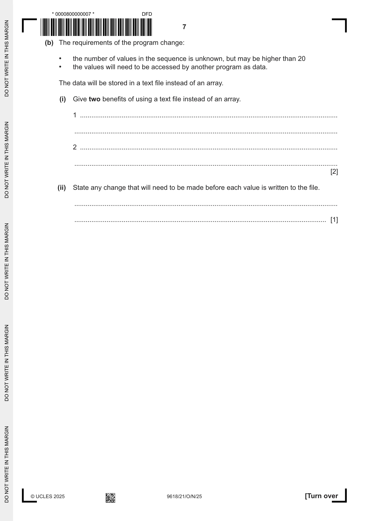 Cambridge A Level Computer Science 9618 2025 Oct/Nov Paper 2 · Variant 1 question paper, page 7 of 20