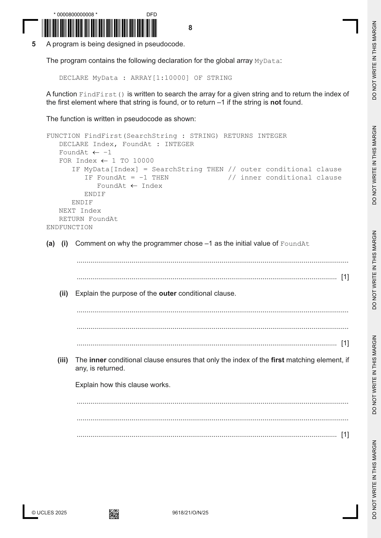 Cambridge A Level Computer Science 9618 2025 Oct/Nov Paper 2 · Variant 1 question paper, page 8 of 20
