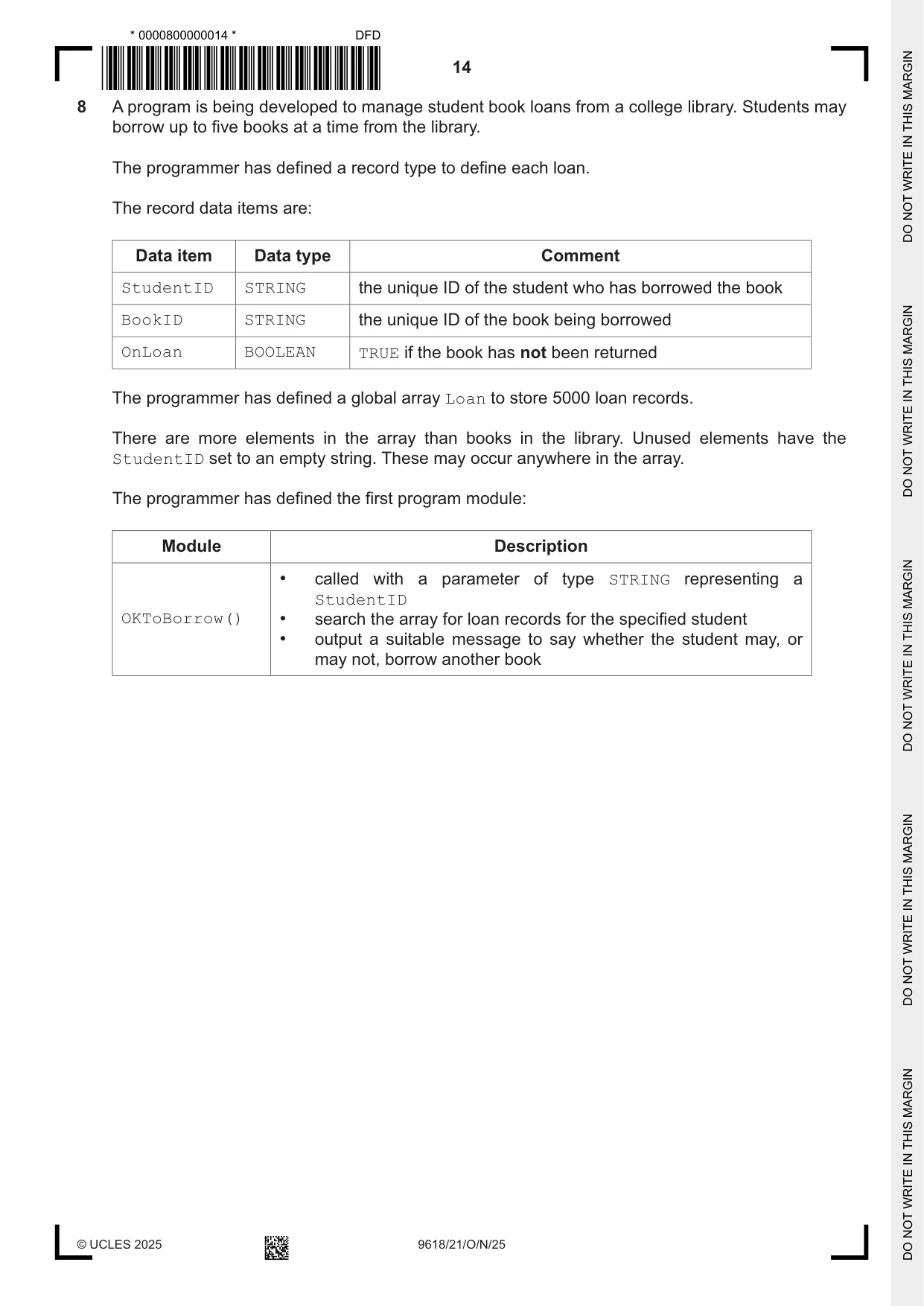 Cambridge A Level Computer Science 9618 2025 Oct/Nov Paper 2 · Variant 1 question paper, page 14 of 20