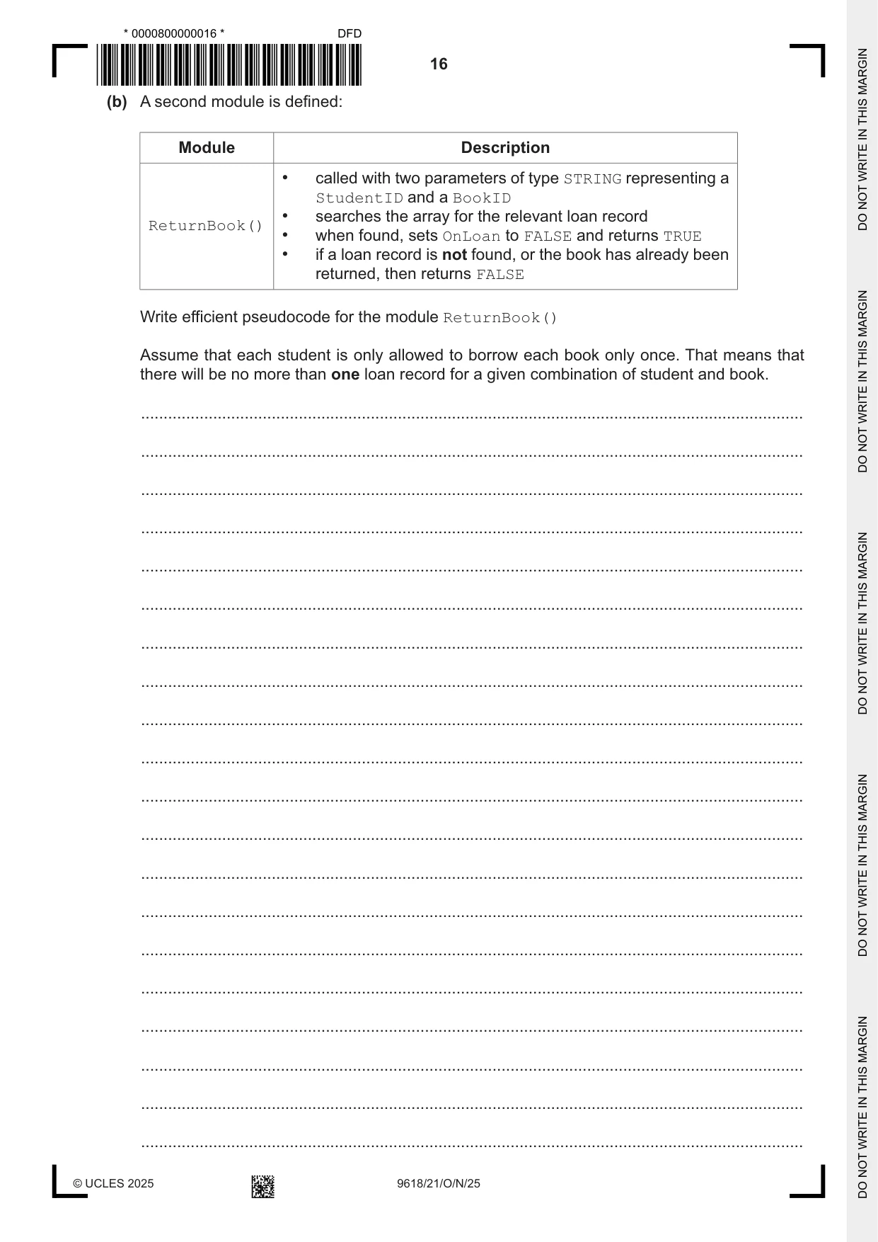 Cambridge A Level Computer Science 9618 2025 Oct/Nov Paper 2 · Variant 1 question paper, page 16 of 20