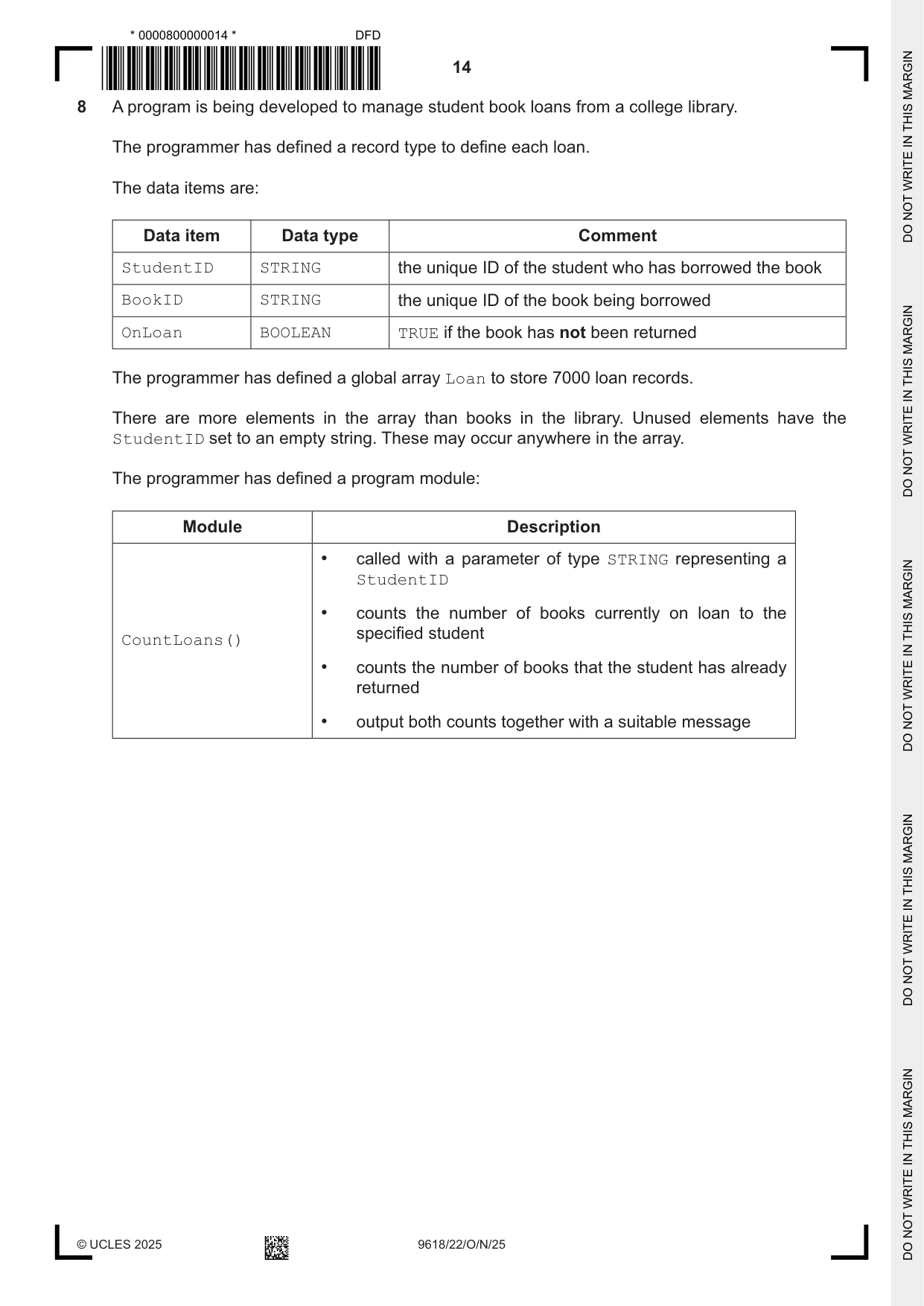 Cambridge A Level Computer Science 9618 2025 Oct/Nov Paper 2 · Variant 2 question paper, page 14 of 20