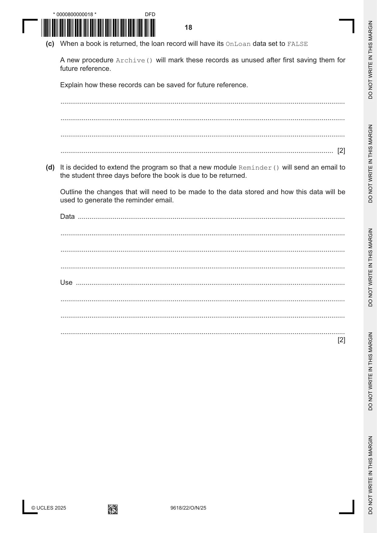 Cambridge A Level Computer Science 9618 2025 Oct/Nov Paper 2 · Variant 2 question paper, page 18 of 20