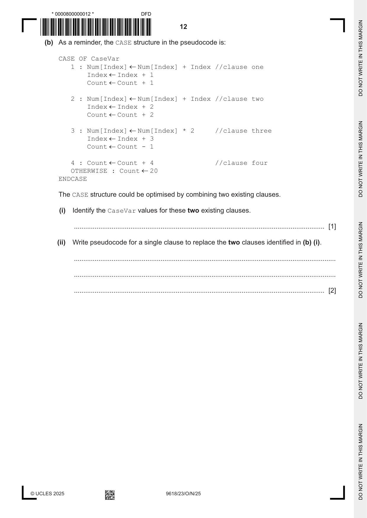Cambridge A Level Computer Science 9618 2025 Oct/Nov Paper 2 · Variant 3 question paper, page 12 of 24