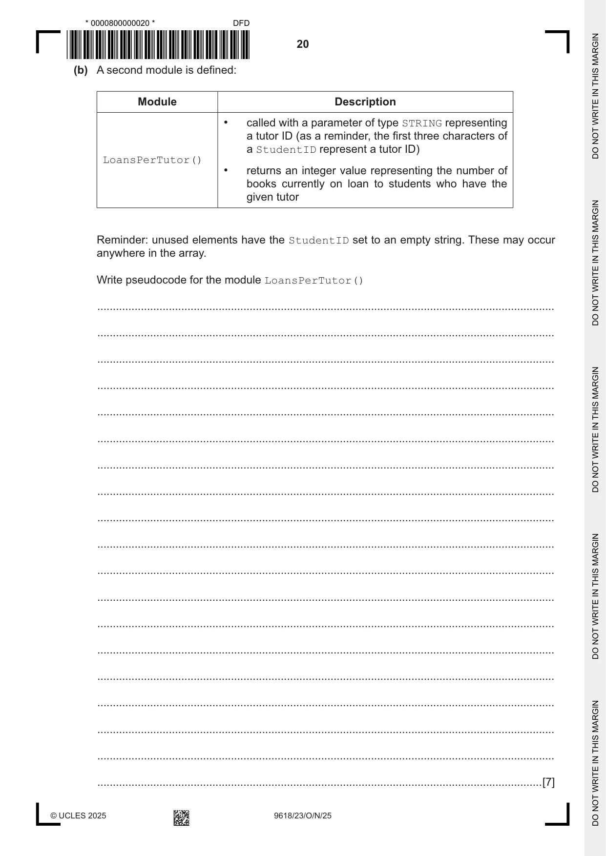 Cambridge A Level Computer Science 9618 2025 Oct/Nov Paper 2 · Variant 3 question paper, page 20 of 24