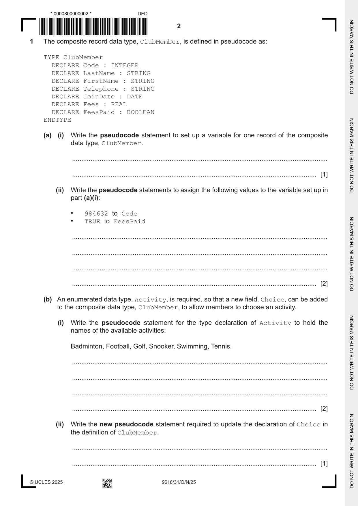 Cambridge A Level Computer Science 9618 2025 Oct/Nov Paper 3 · Variant 1 question paper, page 2 of 12