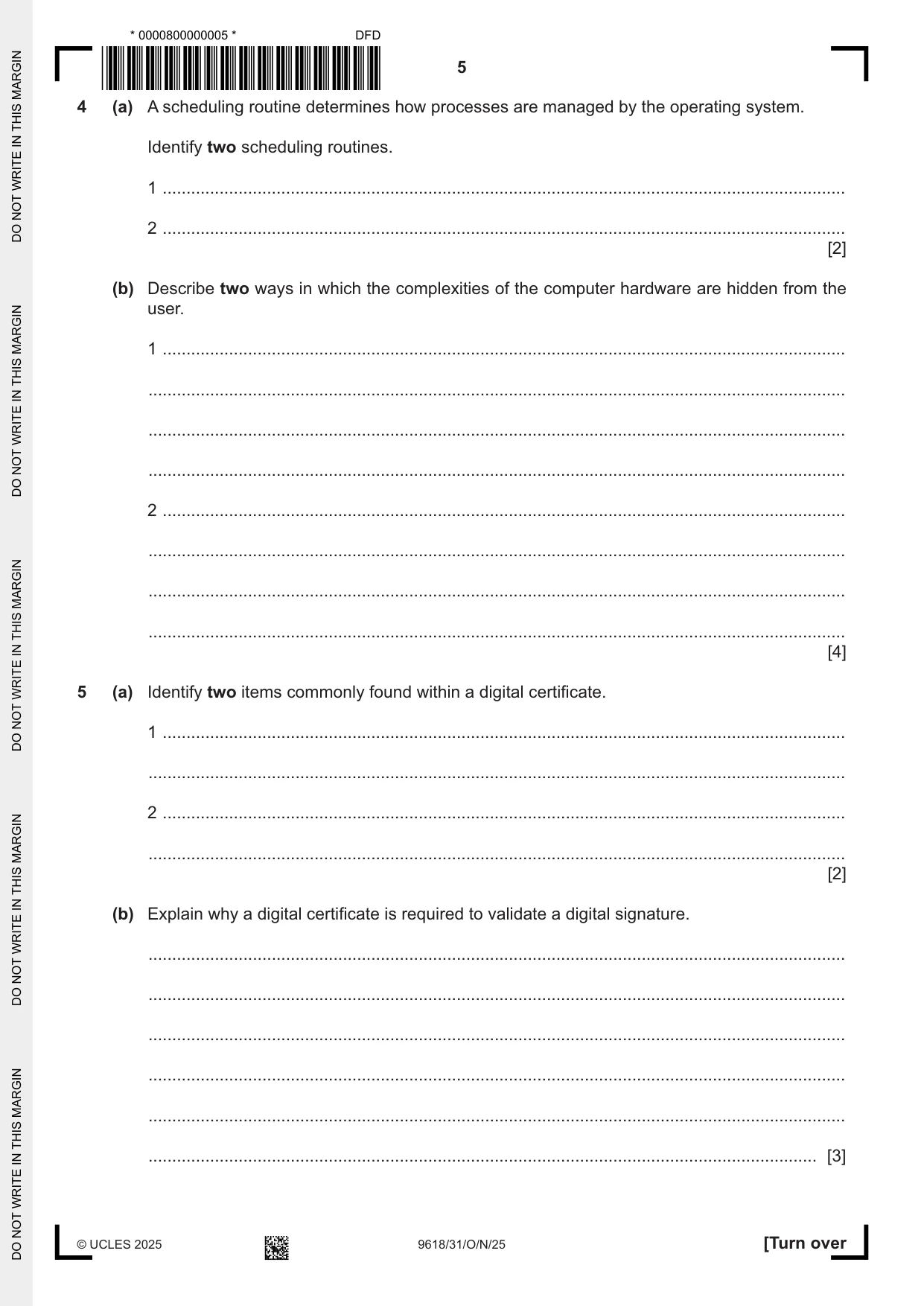 Cambridge A Level Computer Science 9618 2025 Oct/Nov Paper 3 · Variant 1 question paper, page 5 of 12
