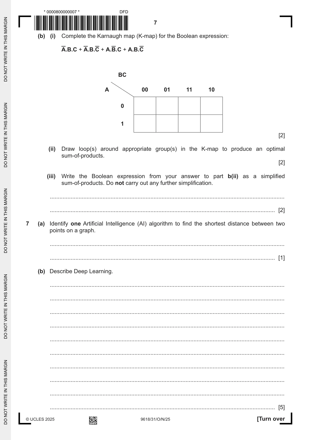 Cambridge A Level Computer Science 9618 2025 Oct/Nov Paper 3 · Variant 1 question paper, page 7 of 12