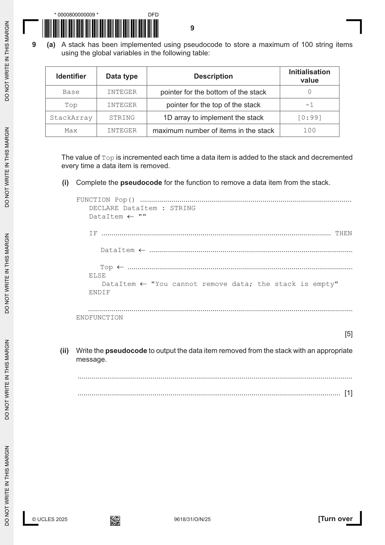 Cambridge A Level Computer Science 9618 2025 Oct/Nov Paper 3 · Variant 1 question paper, page 9 of 12