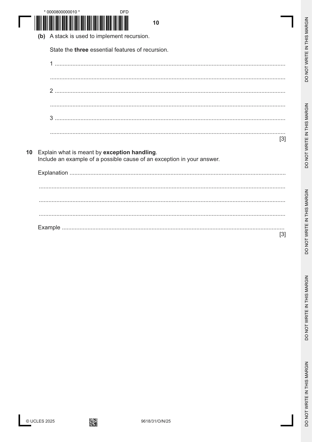 Cambridge A Level Computer Science 9618 2025 Oct/Nov Paper 3 · Variant 1 question paper, page 10 of 12