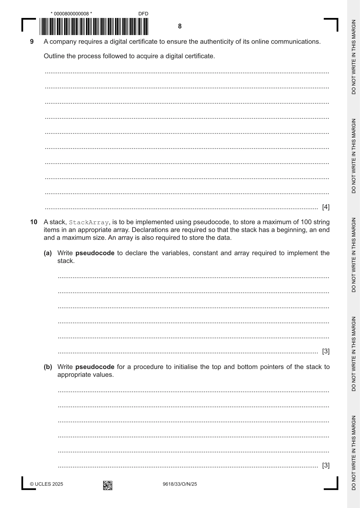 Cambridge A Level Computer Science 9618 2025 Oct/Nov Paper 3 · Variant 3 question paper, page 8 of 12
