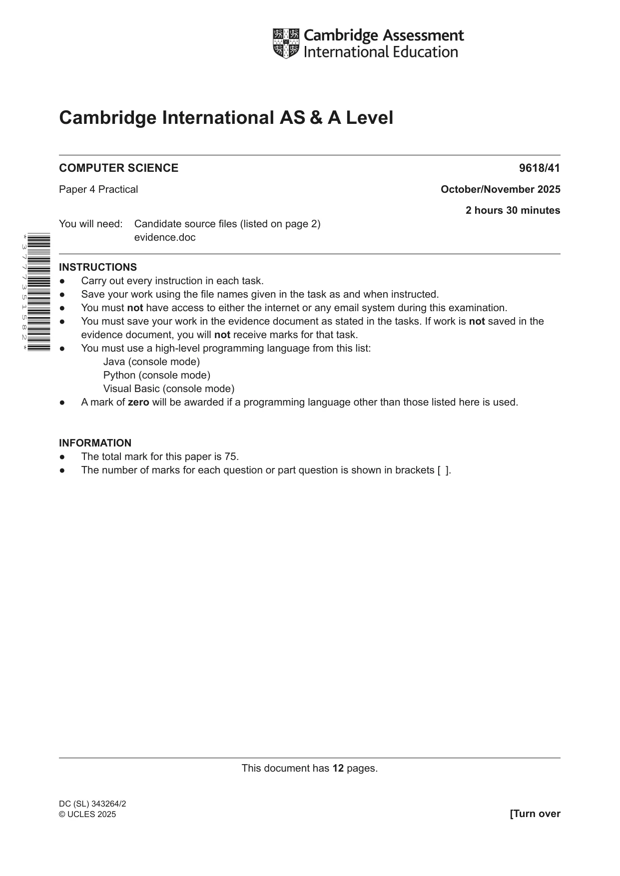 Cambridge A Level Computer Science 9618 2025 Oct/Nov Paper 4 · Variant 1 question paper, page 1 of 12