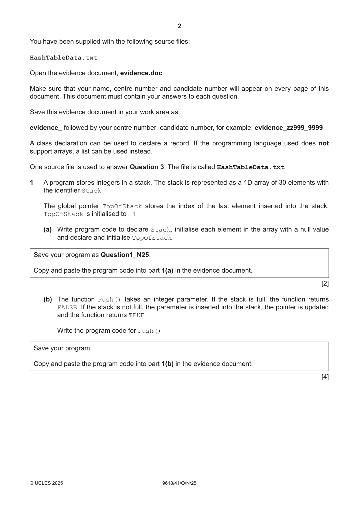 Cambridge A Level Computer Science 9618 2025 Oct/Nov Paper 4 · Variant 1 question paper, page 2 of 12