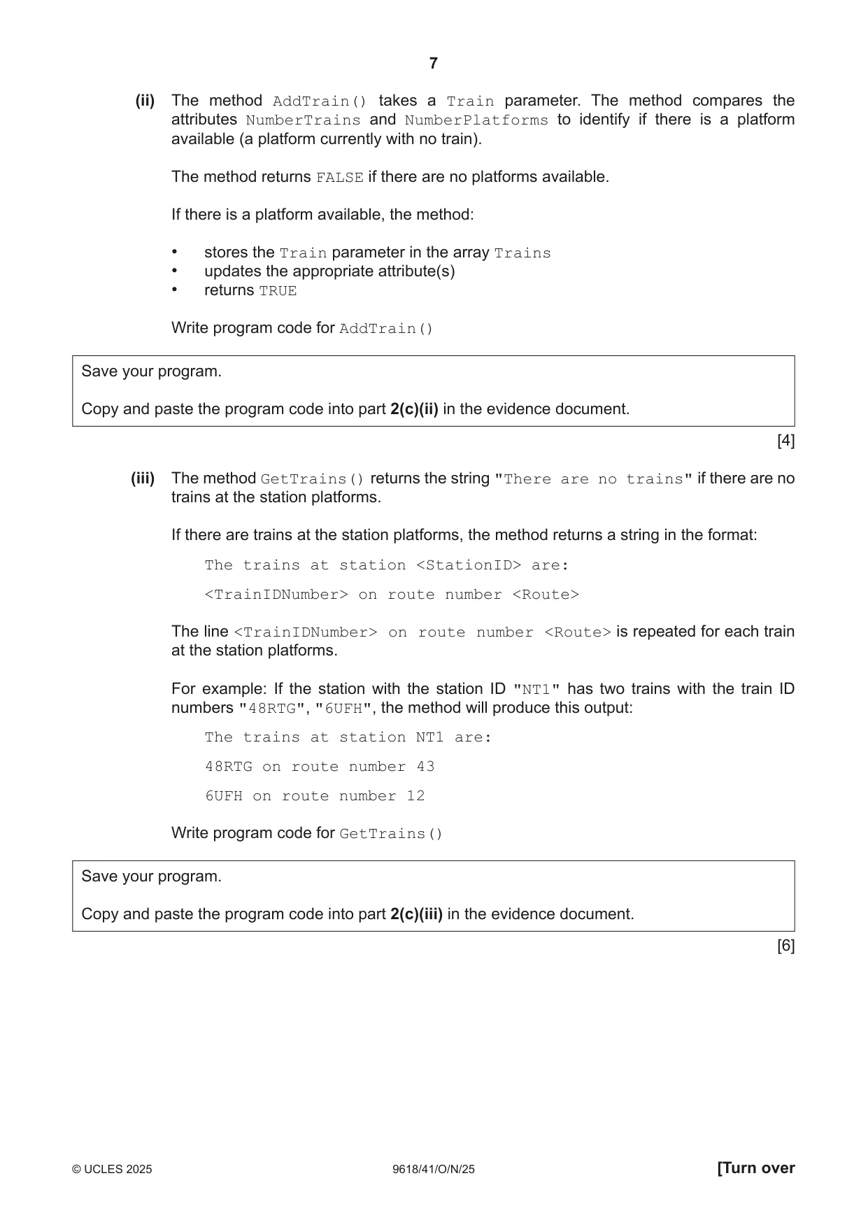 Cambridge A Level Computer Science 9618 2025 Oct/Nov Paper 4 · Variant 1 question paper, page 7 of 12