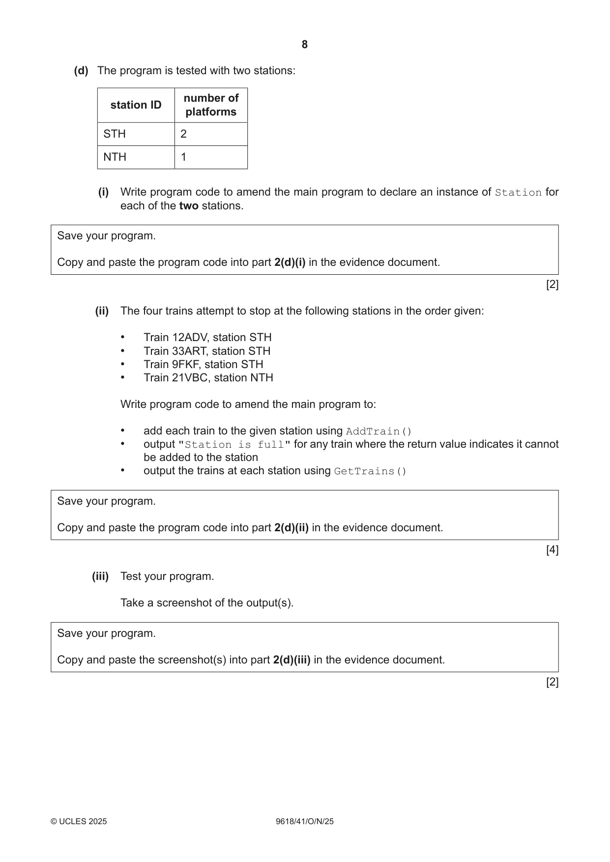 Cambridge A Level Computer Science 9618 2025 Oct/Nov Paper 4 · Variant 1 question paper, page 8 of 12