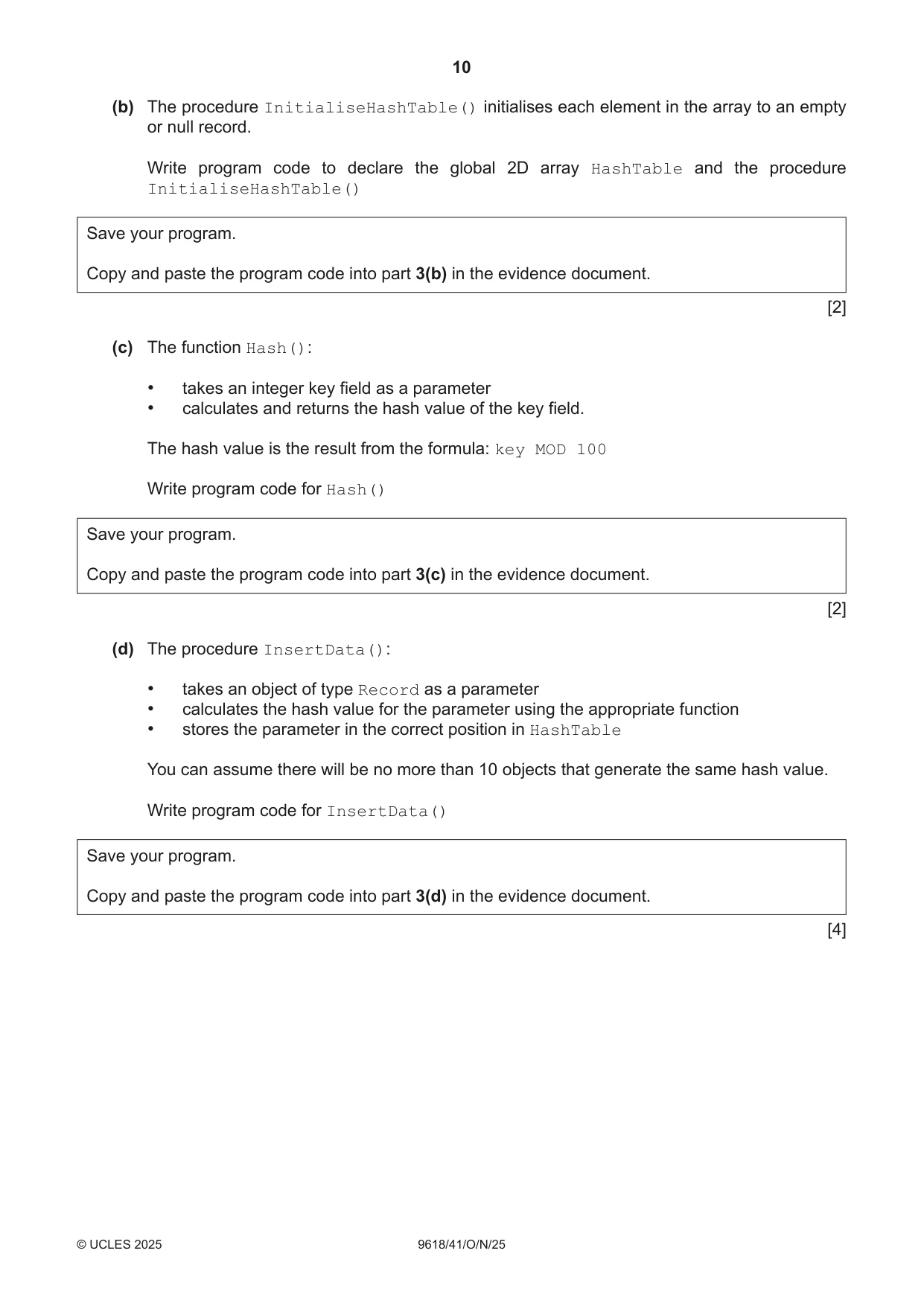 Cambridge A Level Computer Science 9618 2025 Oct/Nov Paper 4 · Variant 1 question paper, page 10 of 12