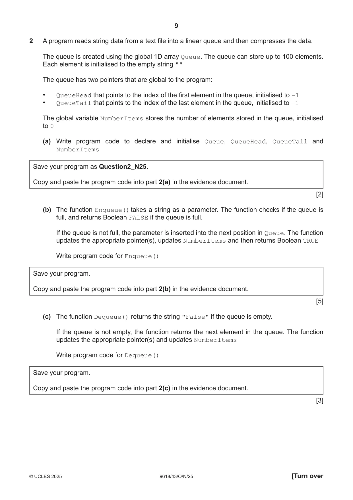Cambridge A Level Computer Science 9618 2025 Oct/Nov Paper 4 · Variant 3 question paper, page 9 of 16