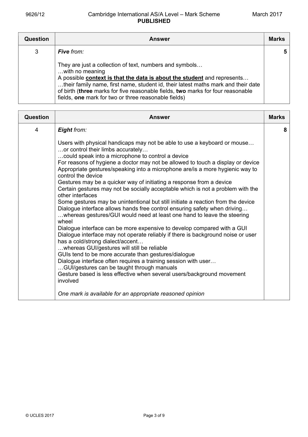 Mark scheme, page 3 of 9