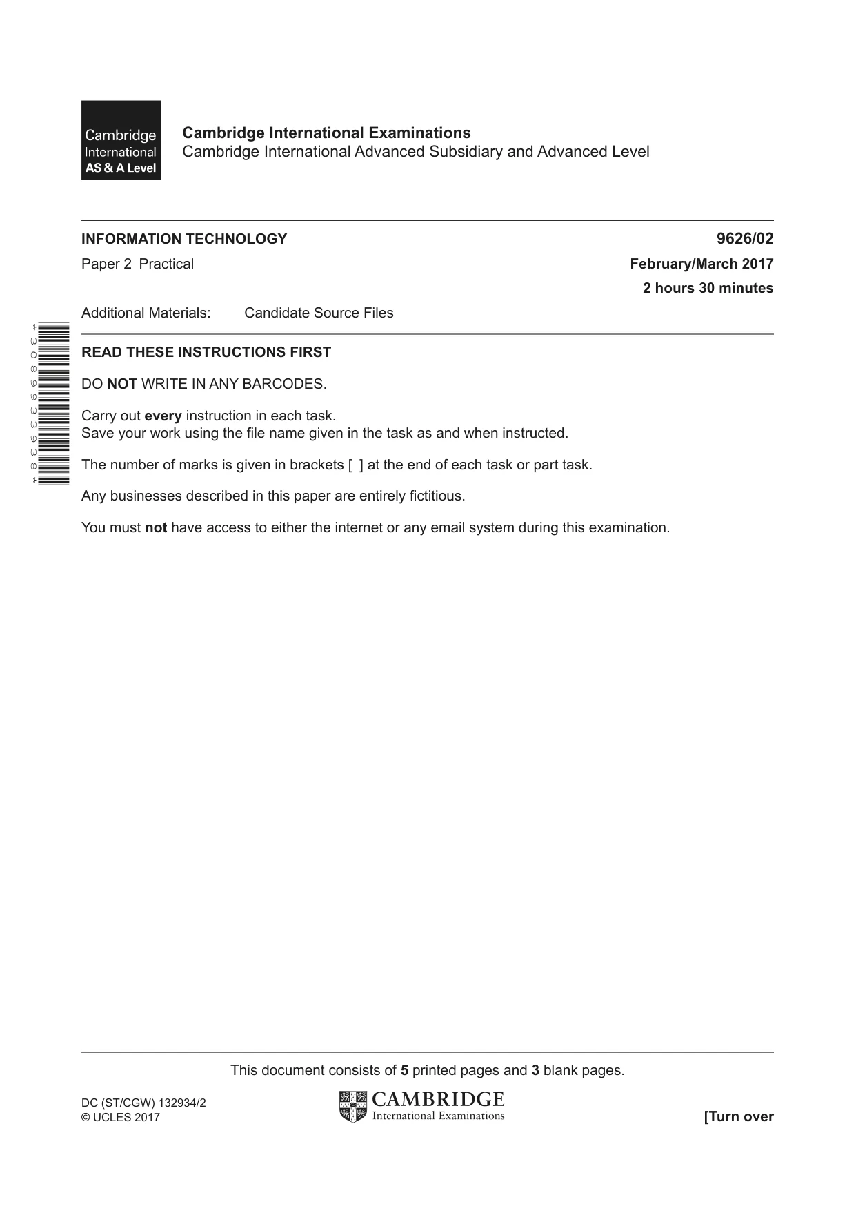 Cambridge A Level Information Technology (from 2017) 9626 2017 Feb/March Paper 2 · Variant 1 question paper, page 1 of 8