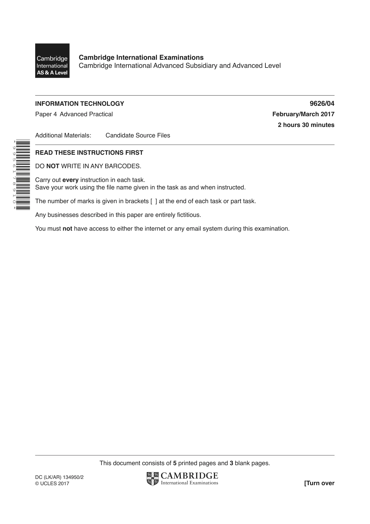 Cambridge A Level Information Technology (from 2017) 9626 2017 Feb/March Paper 4 · Variant 1 question paper, page 1 of 8