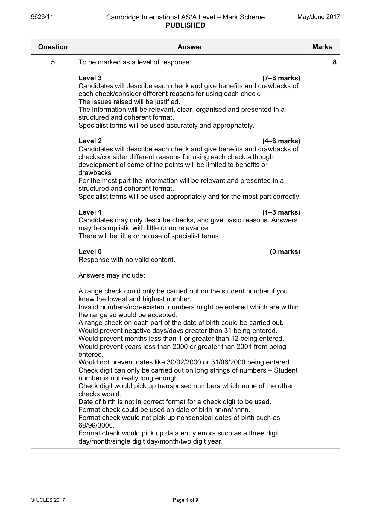 Mark scheme, page 4 of 9