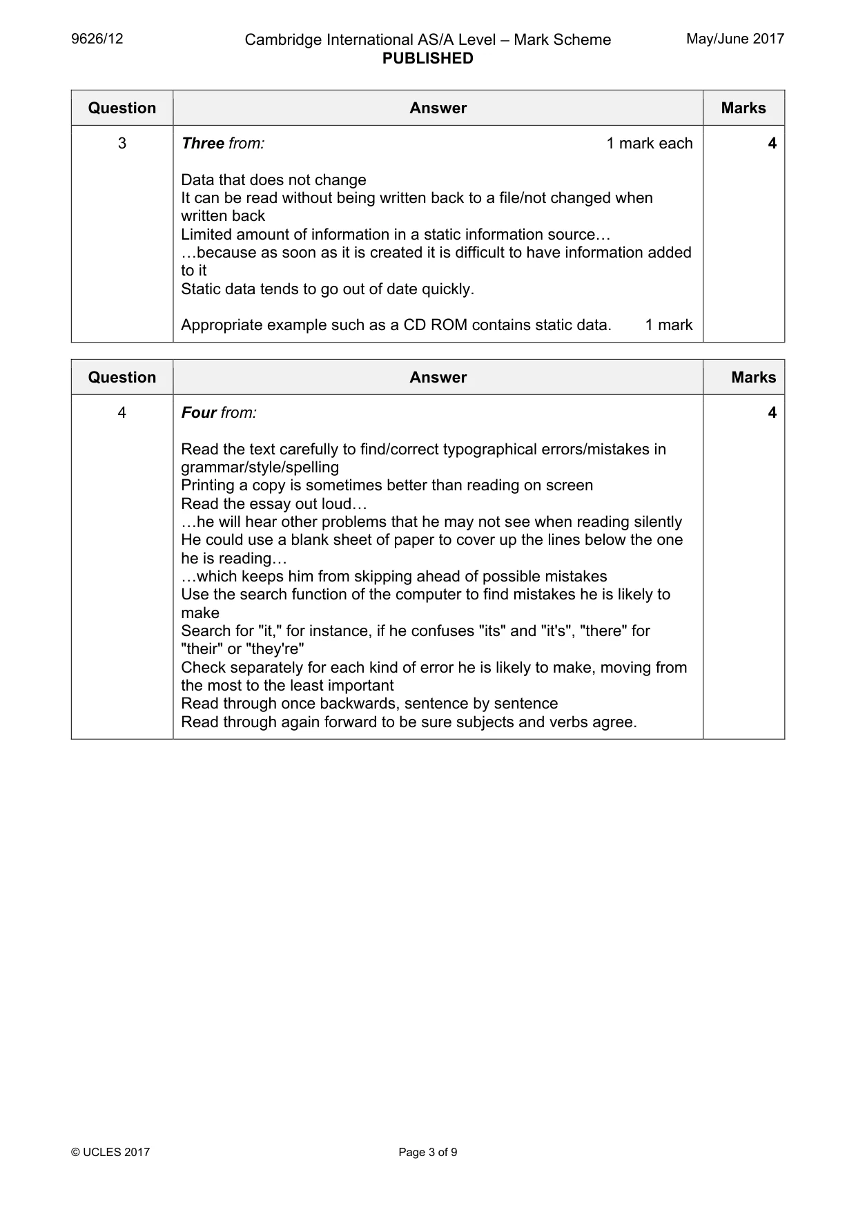 Mark scheme, page 3 of 9