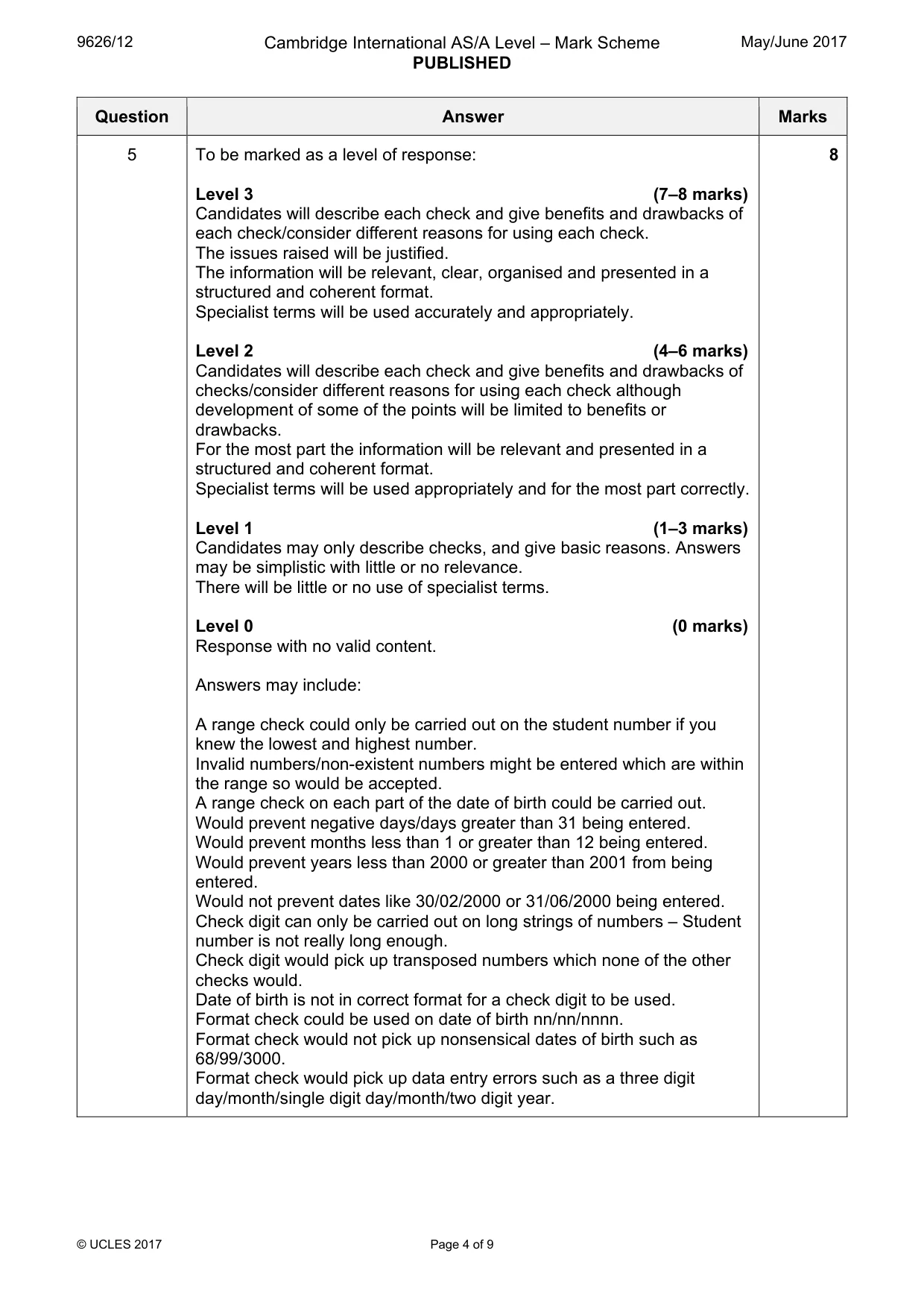Mark scheme, page 4 of 9