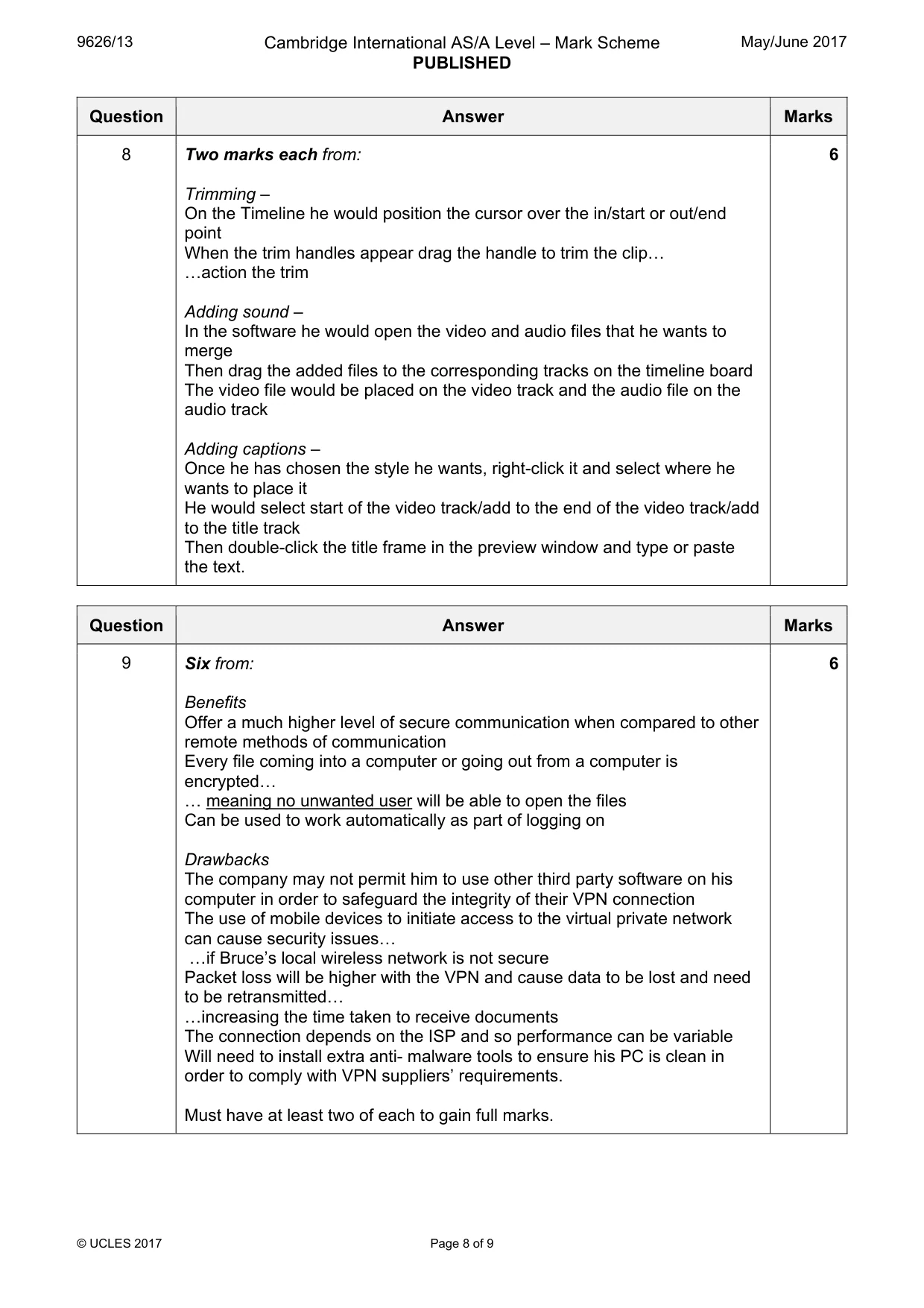 Mark scheme, page 8 of 9
