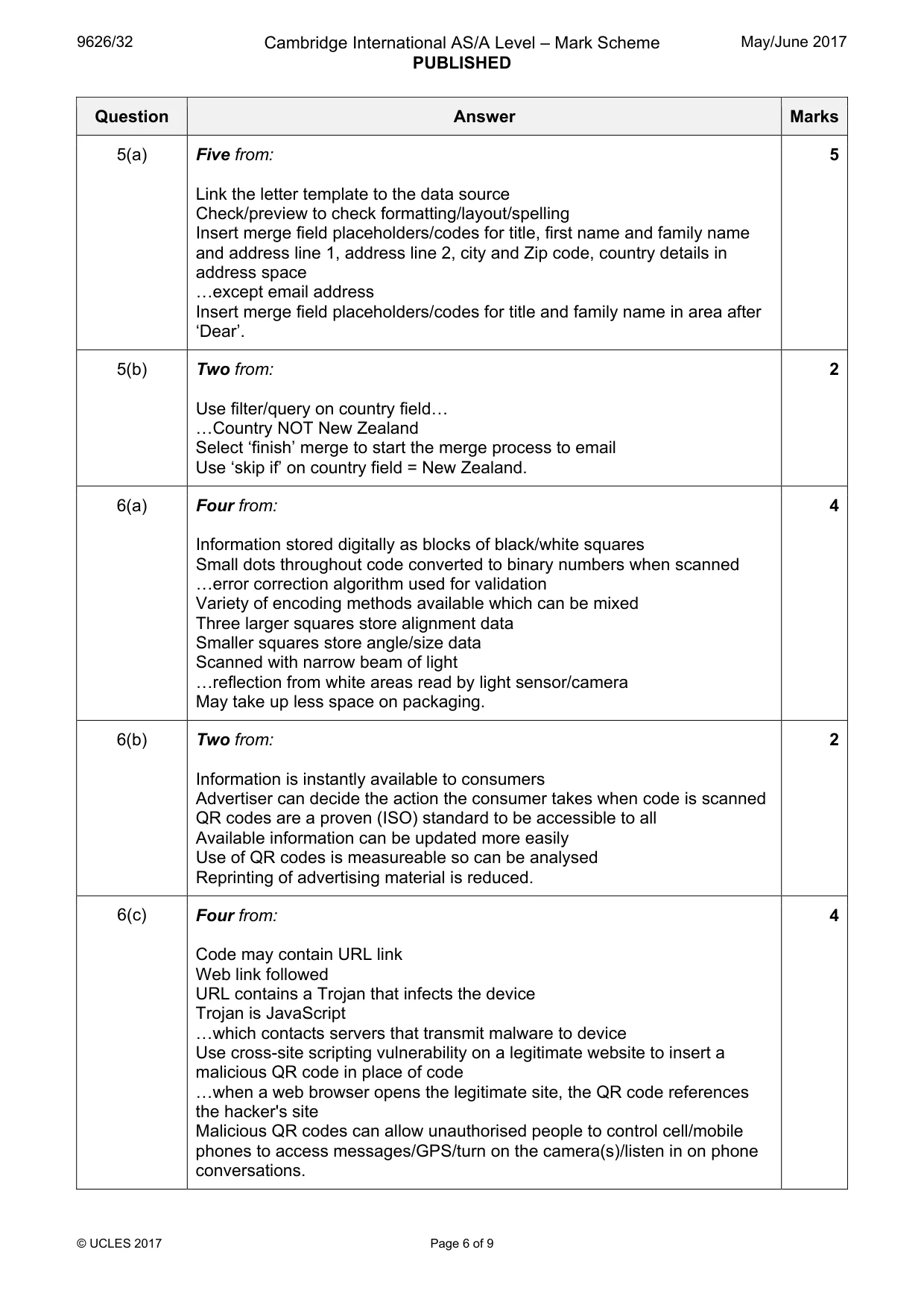 Mark scheme, page 6 of 9