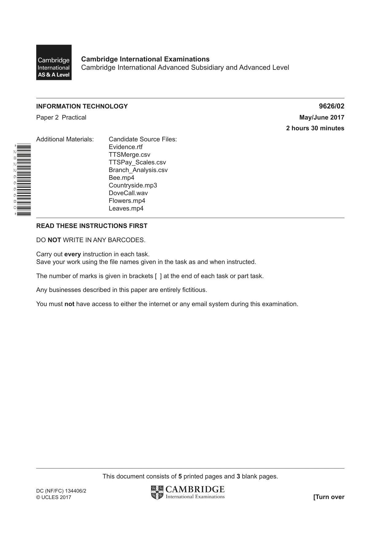 Cambridge A Level Information Technology (from 2017) 9626 2017 May/June Paper 2 · Variant 1 question paper, page 1 of 8