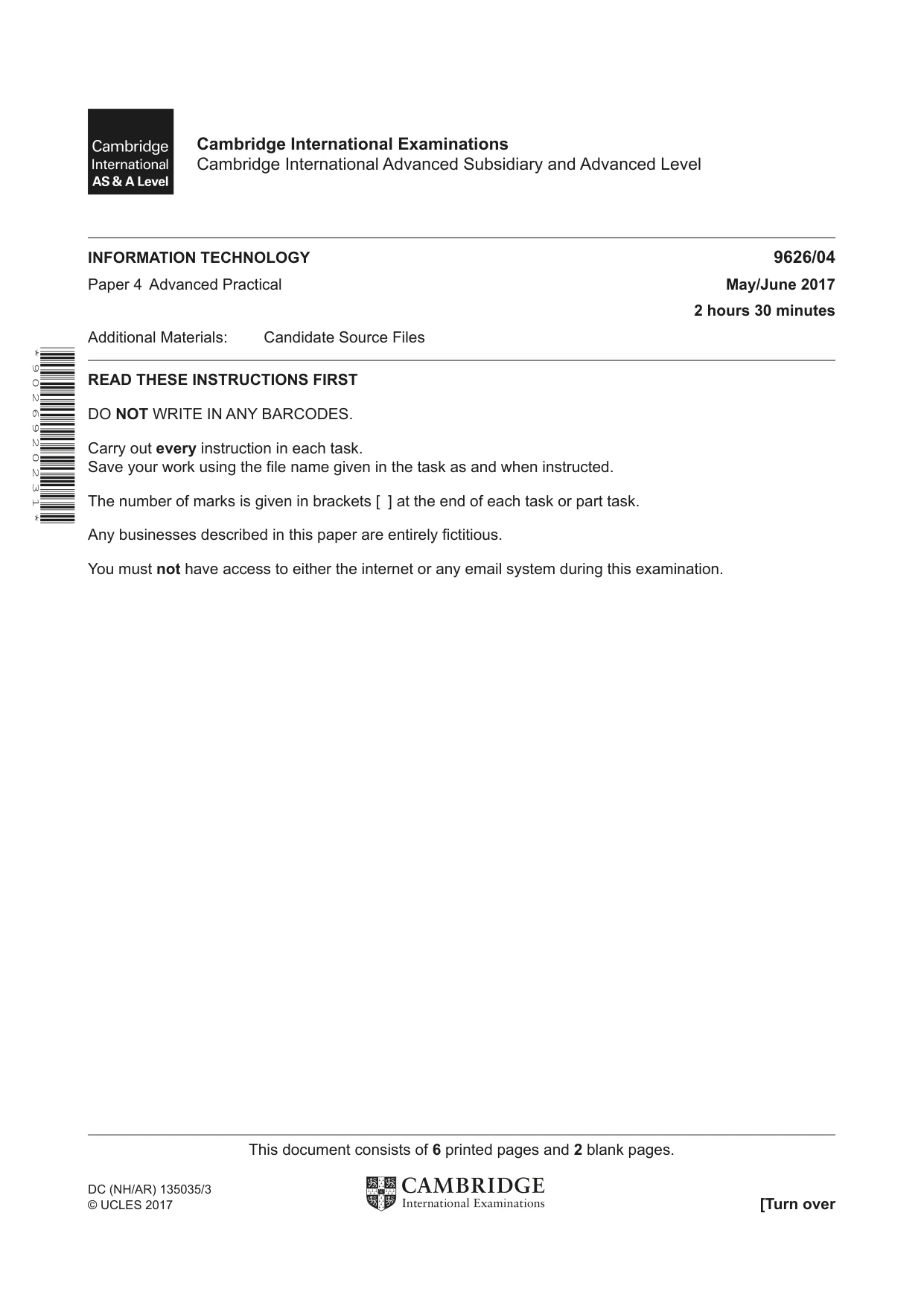 Cambridge A Level Information Technology (from 2017) 9626 2017 May/June Paper 4 · Variant 1 question paper, page 1 of 8