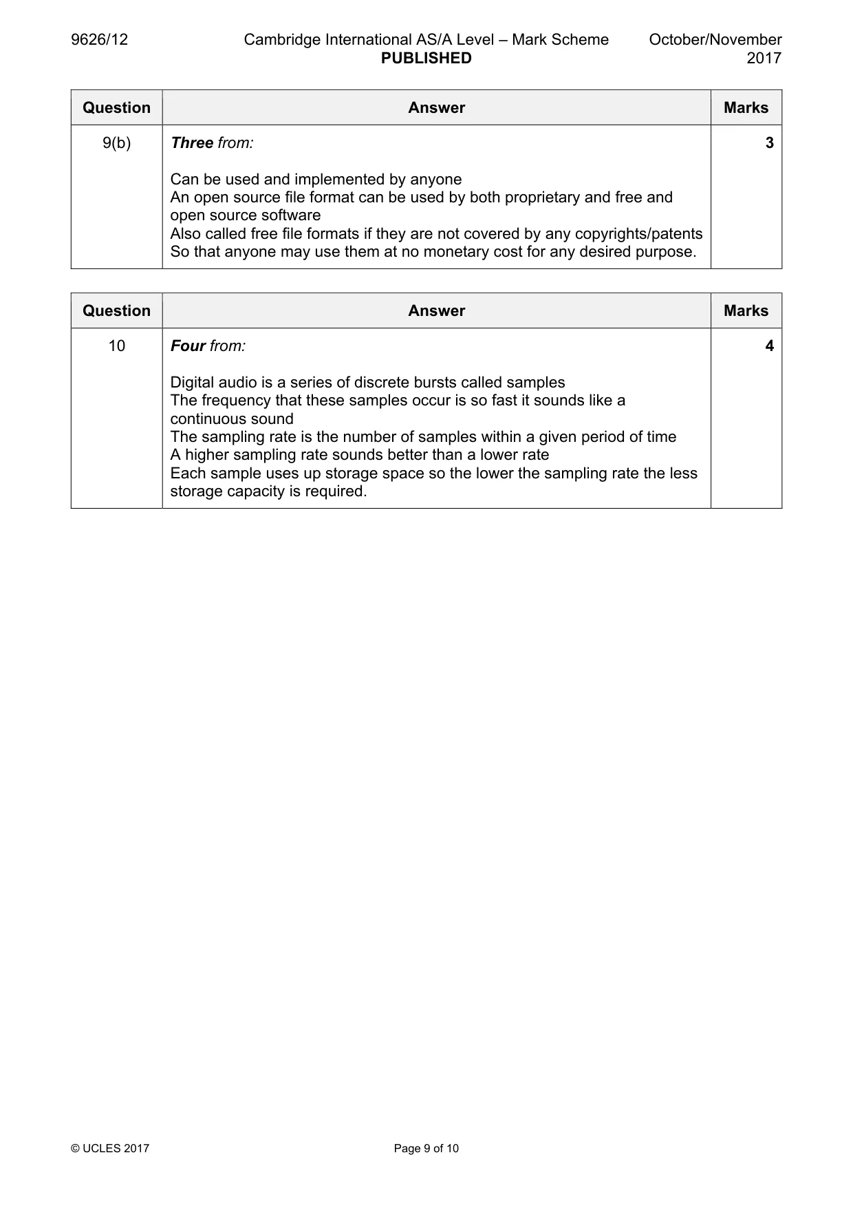Mark scheme, page 9 of 10