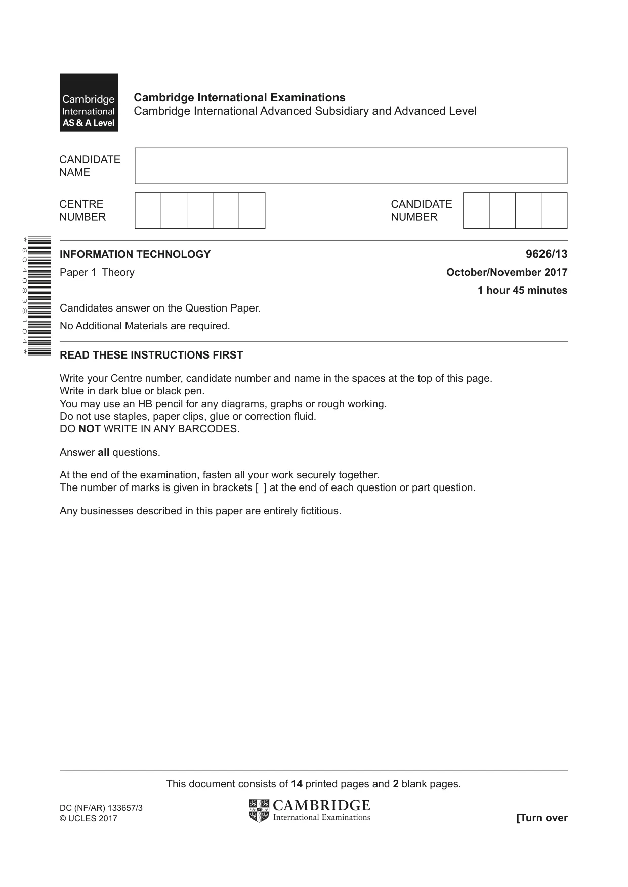 Cambridge A Level Information Technology (from 2017) 9626 2017 Oct/Nov Paper 1 · Variant 3 question paper, page 1 of 16