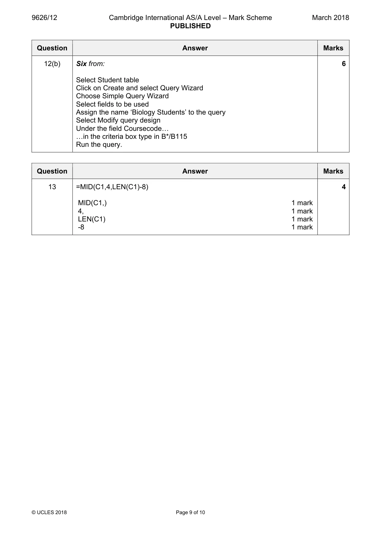 Mark scheme, page 9 of 10