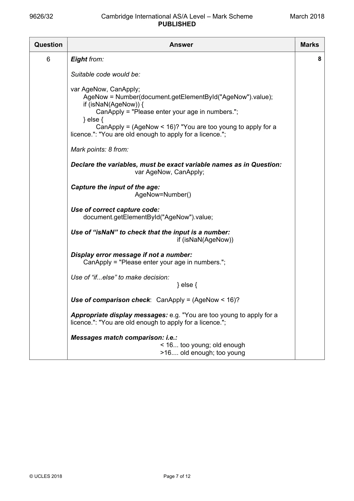 Mark scheme, page 7 of 12