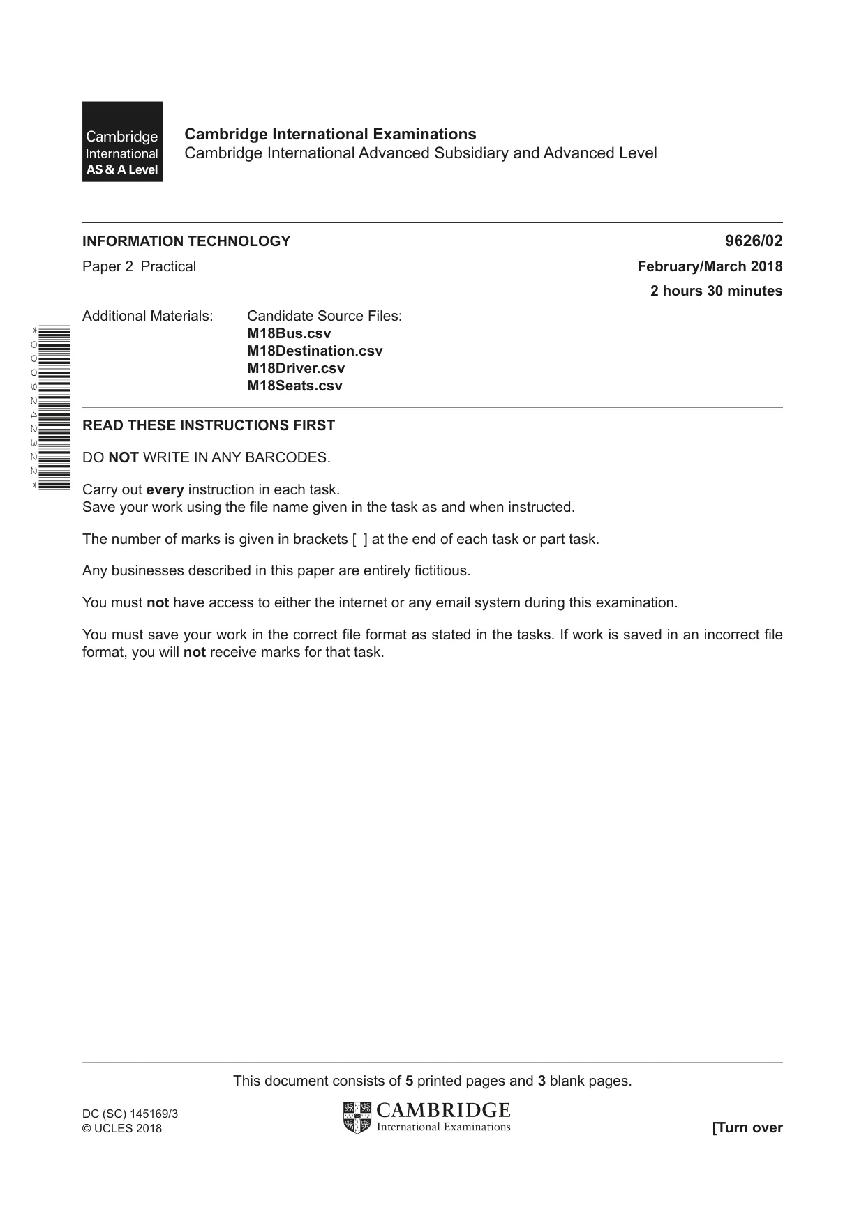 Cambridge A Level Information Technology (from 2017) 9626 2018 Feb/March Paper 2 · Variant 0 question paper, page 1 of 8