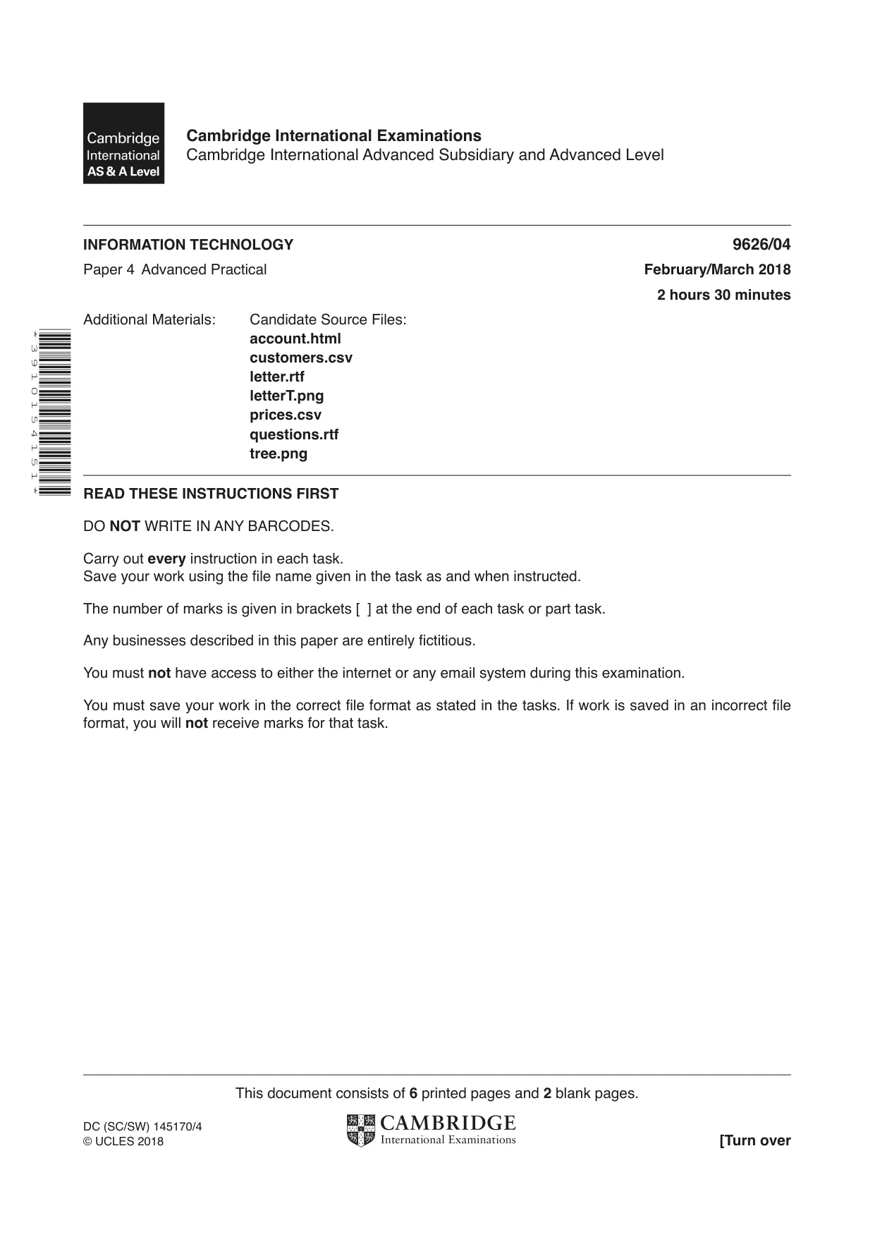 Cambridge A Level Information Technology (from 2017) 9626 2018 Feb/March Paper 4 · Variant 0 question paper, page 1 of 8