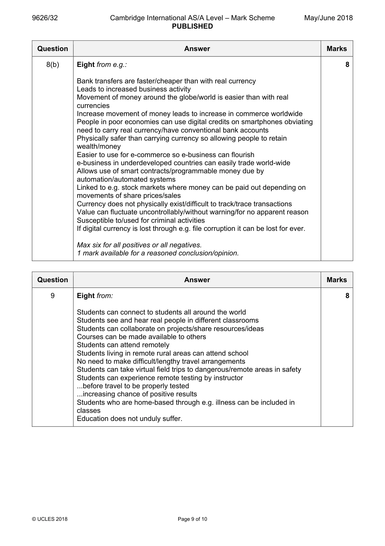 Mark scheme, page 9 of 10