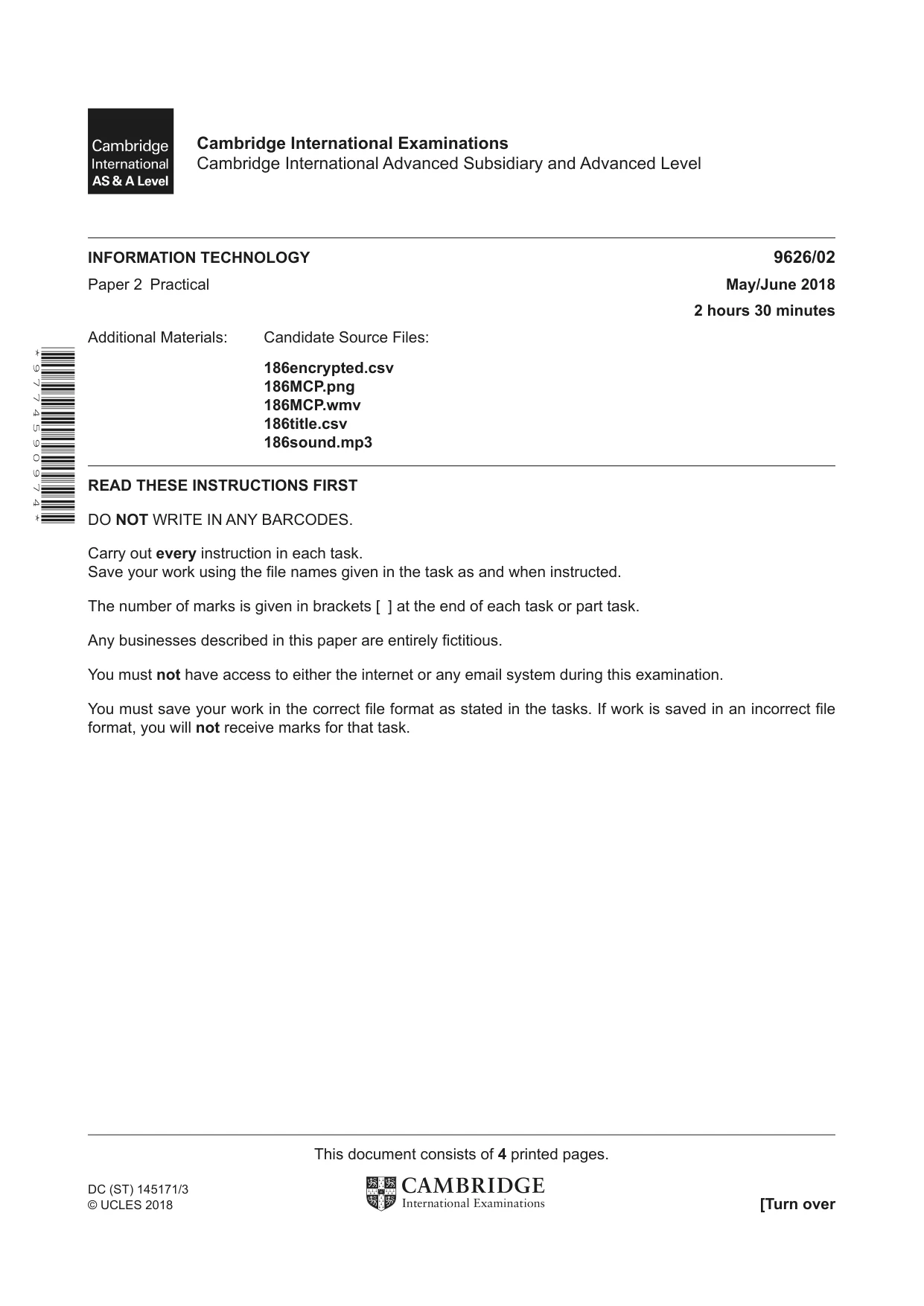 Cambridge A Level Information Technology (from 2017) 9626 2018 May/June Paper 2 · Variant 0 question paper, page 1 of 4