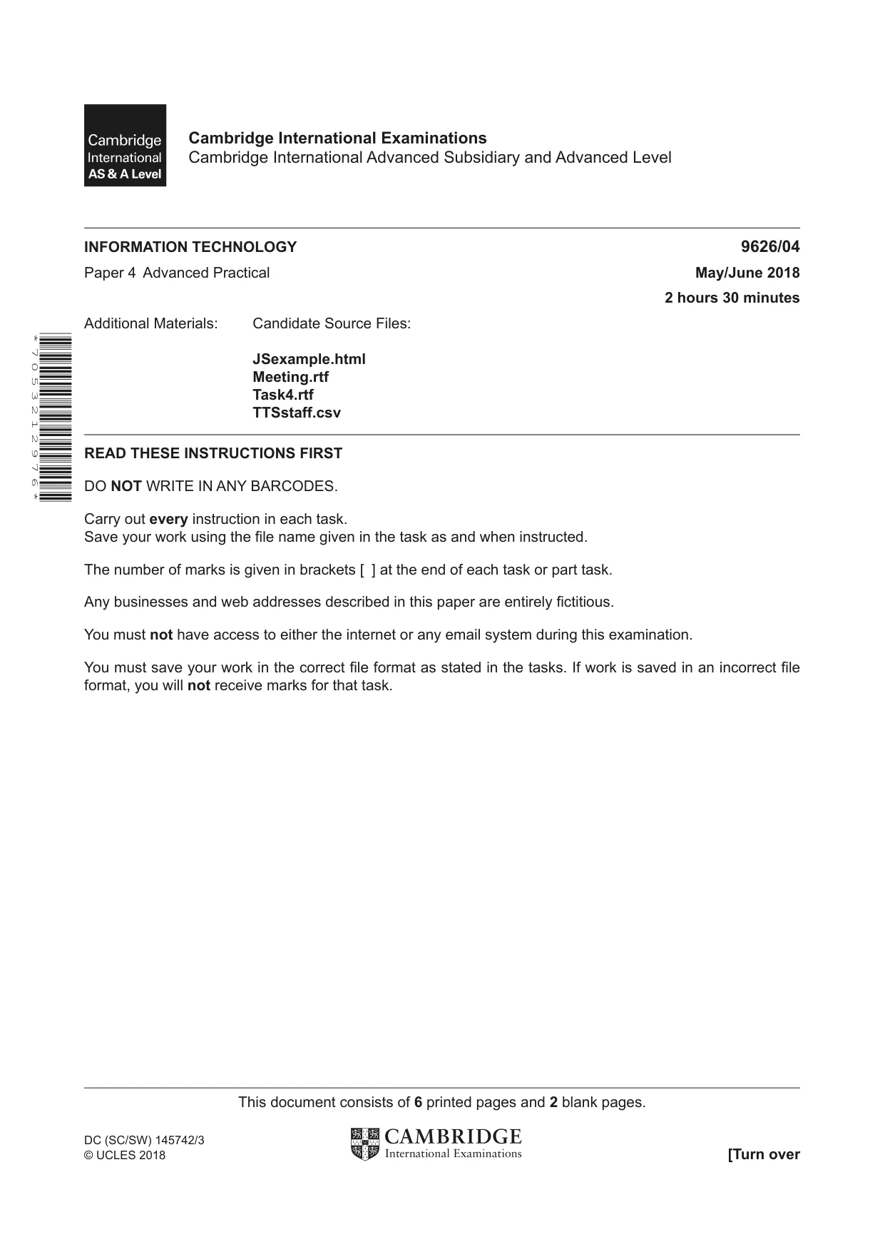 Cambridge A Level Information Technology (from 2017) 9626 2018 May/June Paper 4 · Variant 0 question paper, page 1 of 8