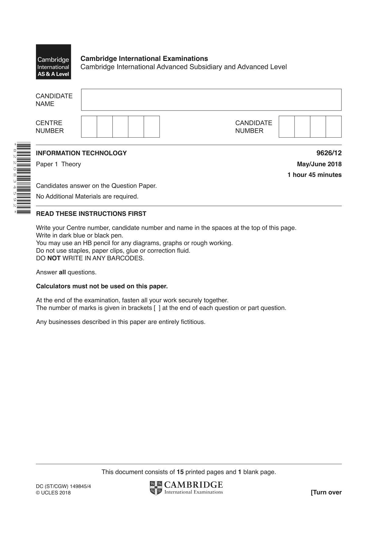 Cambridge A Level Information Technology (from 2017) 9626 2018 May/June Paper 1 · Variant 2 question paper, page 1 of 16