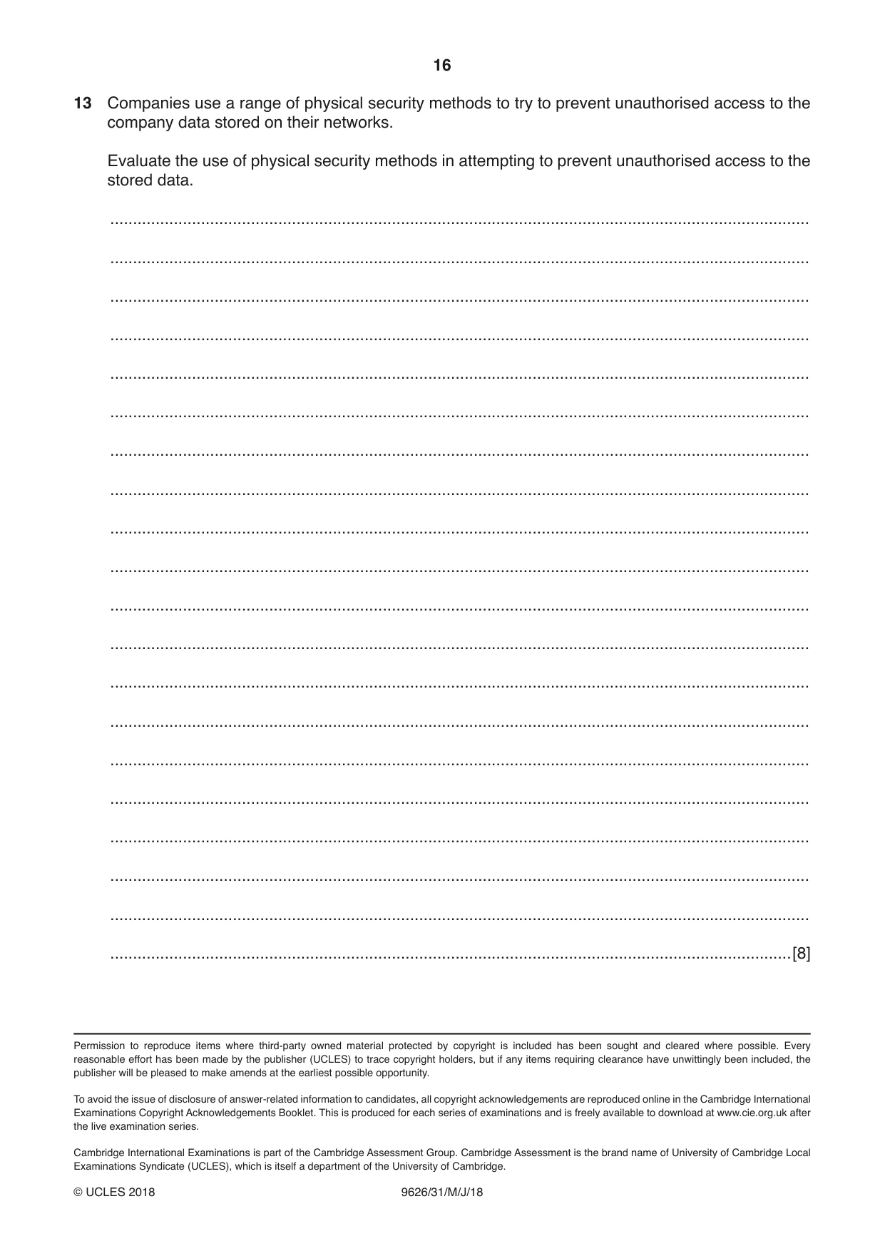 Cambridge A Level Information Technology (from 2017) 9626 2018 May/June Paper 3 · Variant 1 question paper, page 16 of 16