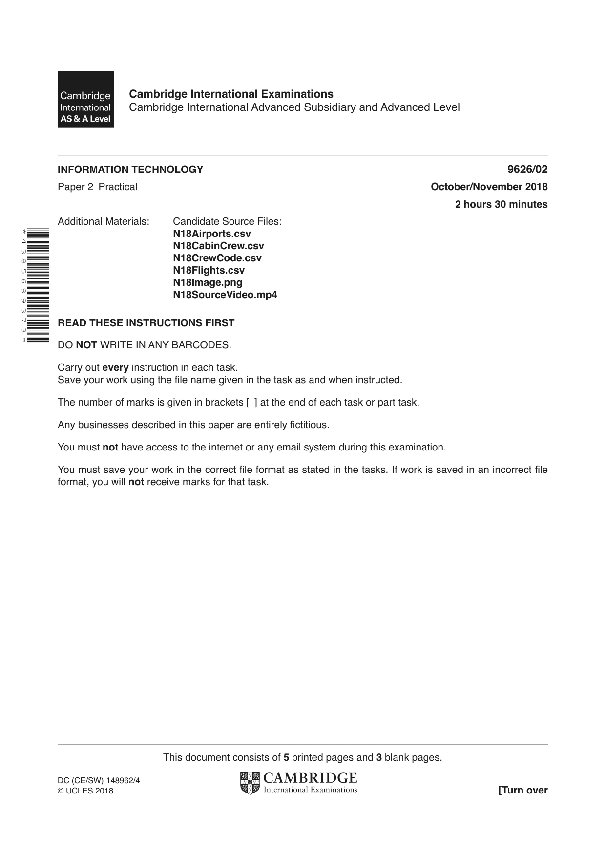 Cambridge A Level Information Technology (from 2017) 9626 2018 Oct/Nov Paper 2 · Variant 0 question paper, page 1 of 8
