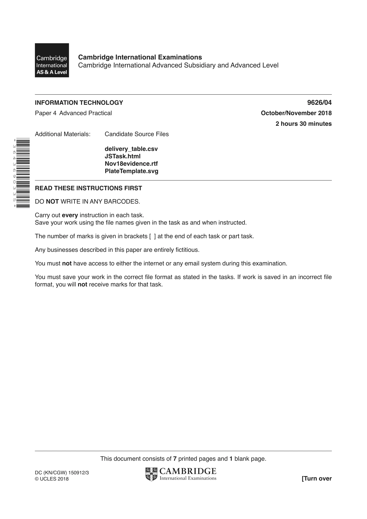 Cambridge A Level Information Technology (from 2017) 9626 2018 Oct/Nov Paper 4 · Variant 0 question paper, page 1 of 8